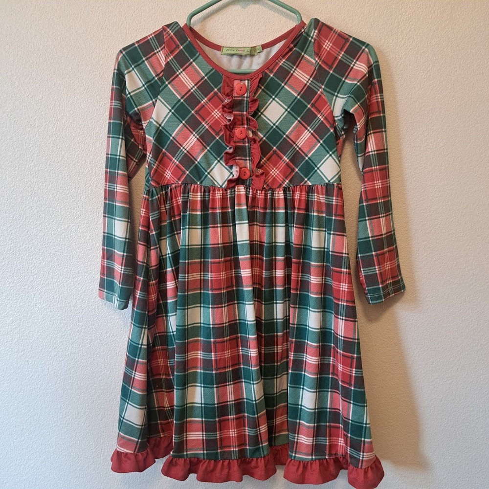 Millie Loves Lily Girls Red Green Plaid Holiday Dress Long Sleeve Ruffle Size 10
